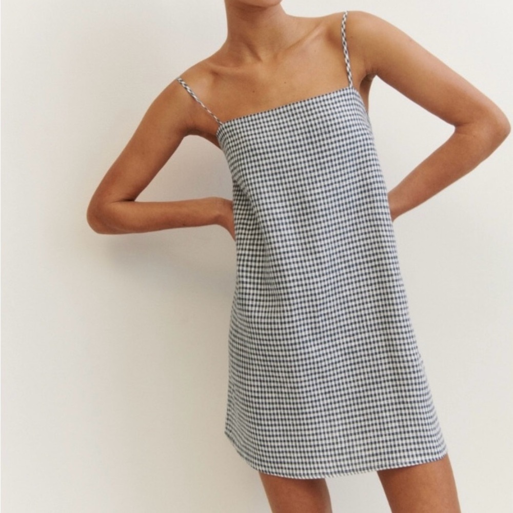 Reformation Aubree Linen Sleeveless Mini Dress in Slate Check